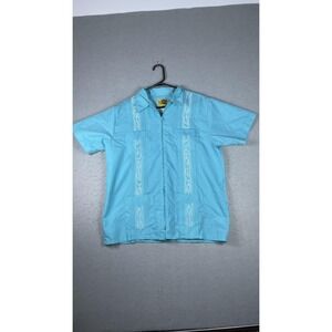 Haband Guayabera Shirt Mens Large Aqua Blue Zip Front Embroidered Pockets